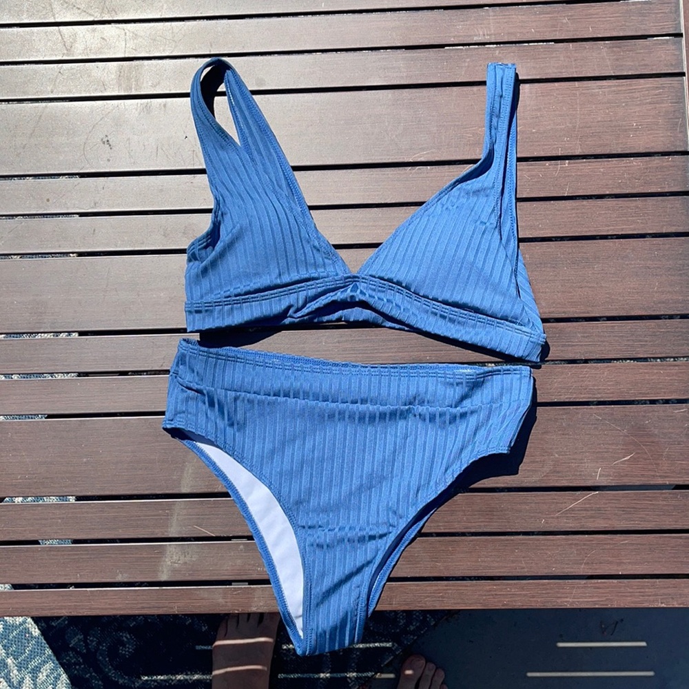 Ribbed High Wasted Blue Bikini